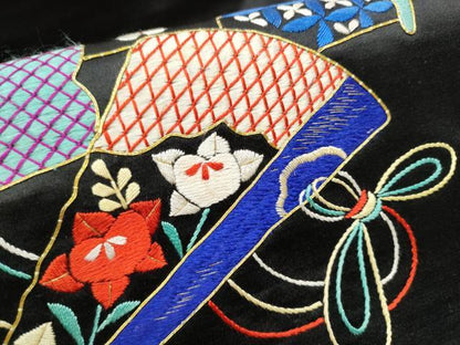 平和屋着物●アンティーク　大正ロマン　九寸名古屋帯　駒刺繍　総刺繍　扇面花文　黒地　金糸　正絹　逸品　CABD0614hy