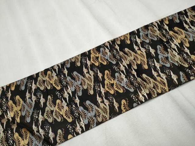 平和屋着物●全通柄　九寸名古屋帯　飛鶴松文　黒地　正絹　逸品　CABD0615hy