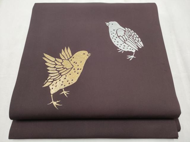 平和屋着物●塩瀬　九寸開き名古屋帯　鳥　金銀彩　正絹　逸品　CABD0617hy