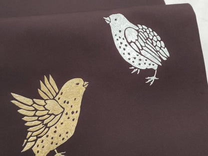 平和屋着物●塩瀬　九寸開き名古屋帯　鳥　金銀彩　正絹　逸品　CABD0617hy