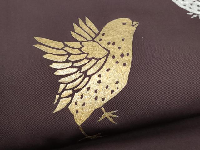 平和屋着物●塩瀬　九寸開き名古屋帯　鳥　金銀彩　正絹　逸品　CABD0617hy