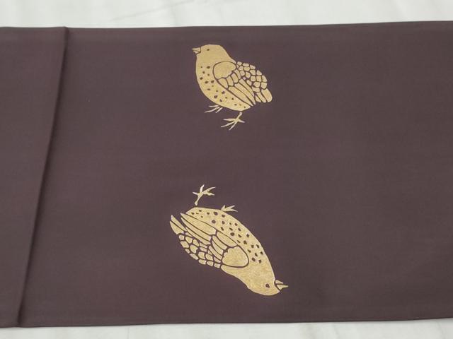 平和屋着物●塩瀬　九寸開き名古屋帯　鳥　金銀彩　正絹　逸品　CABD0617hy