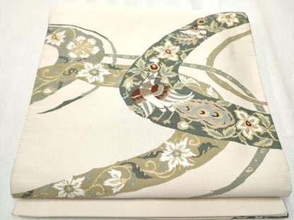 平和屋着物●爪掻き本綴れ　八寸名古屋帯　花鳥文　金糸　正絹　逸品　CABD0618hy