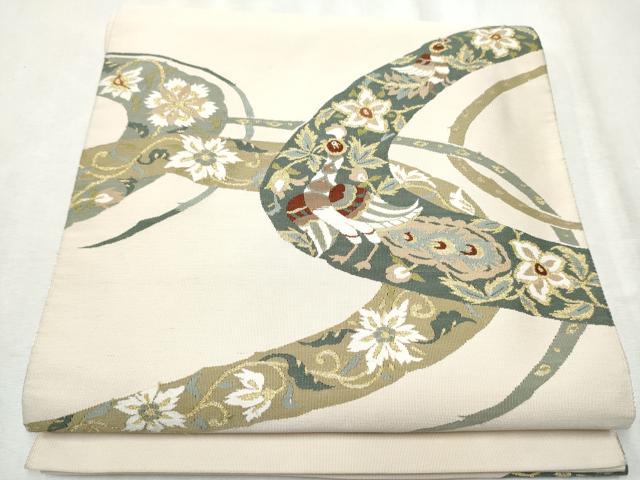 平和屋着物●爪掻き本綴れ　八寸名古屋帯　花鳥文　金糸　正絹　逸品　CABD0618hy