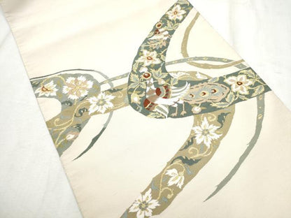 平和屋着物●爪掻き本綴れ　八寸名古屋帯　花鳥文　金糸　正絹　逸品　CABD0618hy