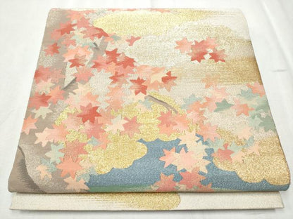 平和屋着物●太鼓柄袋帯　綴れ　雲重ね枝葉文　金糸　正絹　逸品　CABD0652hy