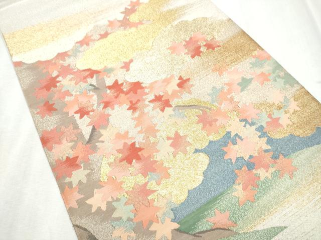 平和屋着物●太鼓柄袋帯　綴れ　雲重ね枝葉文　金糸　正絹　逸品　CABD0652hy