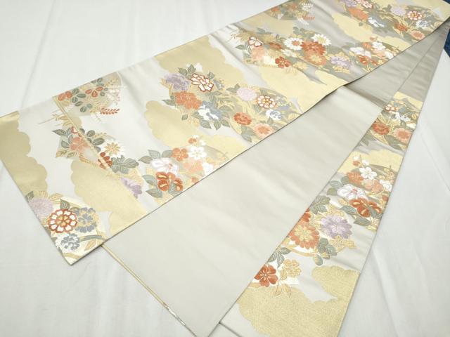 平和屋着物●六通柄袋帯　唐織　雲重ね草花丸文　金糸　正絹　逸品　CABD0656hy
