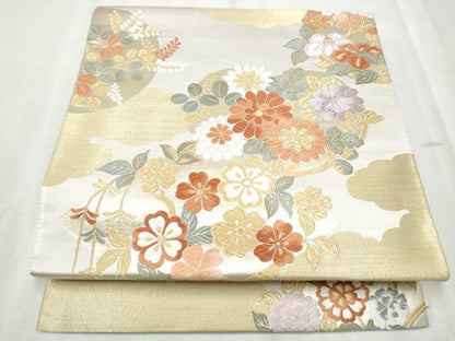 平和屋着物●六通柄袋帯　唐織　雲重ね草花丸文　金糸　正絹　逸品　CABD0656hy