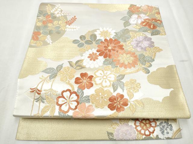 平和屋着物●六通柄袋帯　唐織　雲重ね草花丸文　金糸　正絹　逸品　CABD0656hy