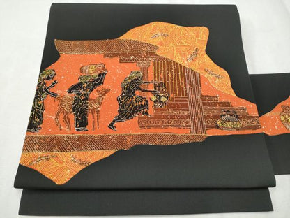 平和屋着物●塩瀬　九寸名古屋帯　人物文　黒地　金彩　正絹　逸品　CABD0666hy