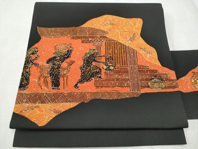 平和屋着物●塩瀬　九寸名古屋帯　人物文　黒地　金彩　正絹　逸品　CABD0666hy