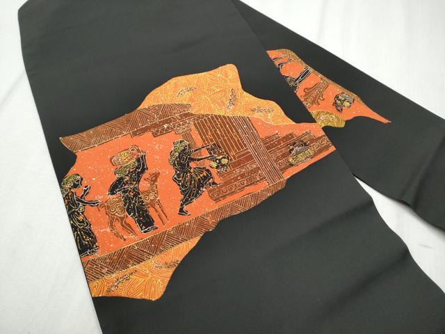 平和屋着物●塩瀬　九寸名古屋帯　人物文　黒地　金彩　正絹　逸品　CABD0666hy