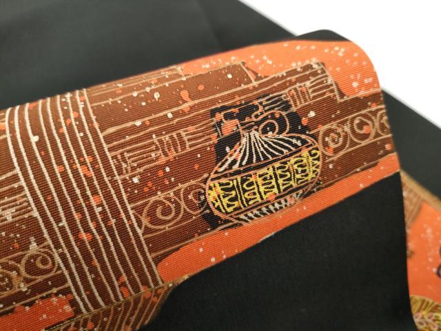 平和屋着物●塩瀬　九寸名古屋帯　人物文　黒地　金彩　正絹　逸品　CABD0666hy
