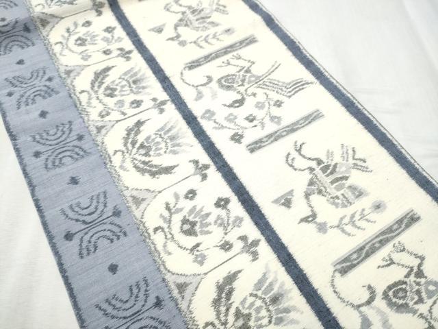 平和屋着物●九寸開き名古屋帯　小千谷紬　花鳥文　正絹　逸品　CABD0667hy