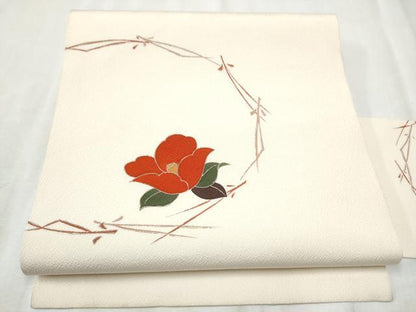 平和屋着物●九寸名古屋帯　椿　金彩　鬼しぼ縮緬　正絹　逸品　CABD0672hy