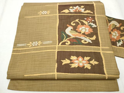 平和屋着物●九寸名古屋帯　休み鳥枝花文　正絹　逸品　CABD0675hy