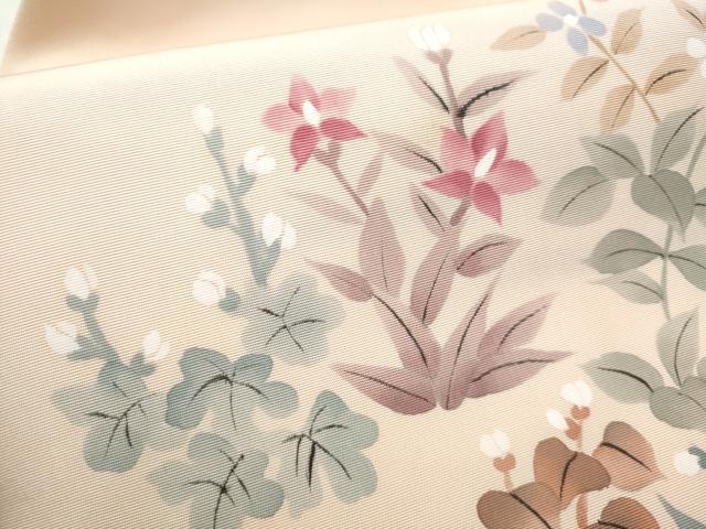 平和屋着物●塩瀬　九寸名古屋帯　草花文　正絹　逸品　CABD0677hy