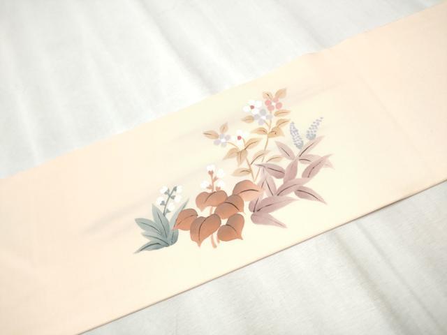 平和屋着物●塩瀬　九寸名古屋帯　草花文　正絹　逸品　CABD0677hy