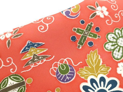 平和屋着物●塩瀬　九寸名古屋帯　型染め　草花文　正絹　逸品　CABD0678hy