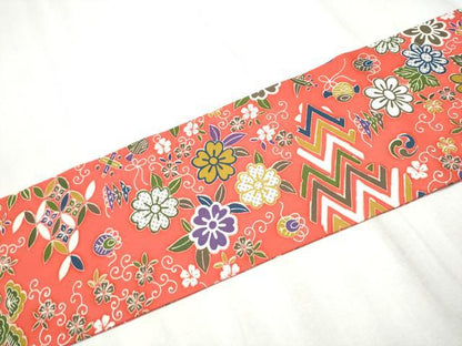 平和屋着物●塩瀬　九寸名古屋帯　型染め　草花文　正絹　逸品　CABD0678hy