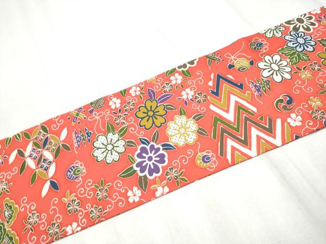 平和屋着物●塩瀬　九寸名古屋帯　型染め　草花文　正絹　逸品　CABD0678hy