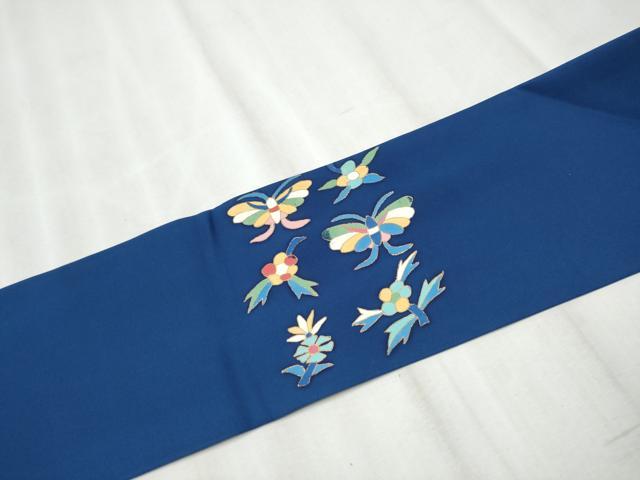 平和屋着物●塩瀬　九寸名古屋帯　型染め　花蝶文　金彩　正絹　逸品　CABD0679hy