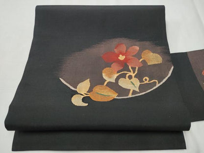 平和屋着物●九寸名古屋帯　すくい織　枝花文　黒地　金糸　正絹　逸品　CABD0680hy