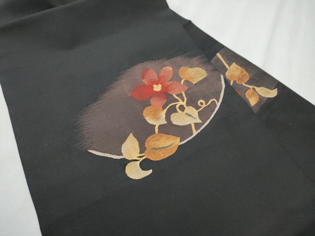 平和屋着物●九寸名古屋帯　すくい織　枝花文　黒地　金糸　正絹　逸品　CABD0680hy