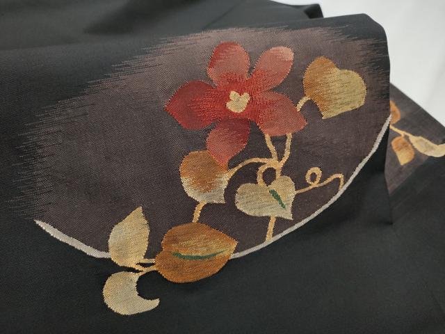 平和屋着物●九寸名古屋帯　すくい織　枝花文　黒地　金糸　正絹　逸品　CABD0680hy