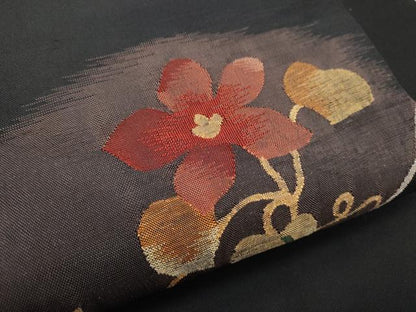 平和屋着物●九寸名古屋帯　すくい織　枝花文　黒地　金糸　正絹　逸品　CABD0680hy