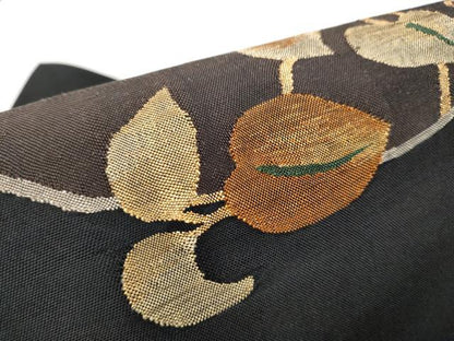 平和屋着物●九寸名古屋帯　すくい織　枝花文　黒地　金糸　正絹　逸品　CABD0680hy