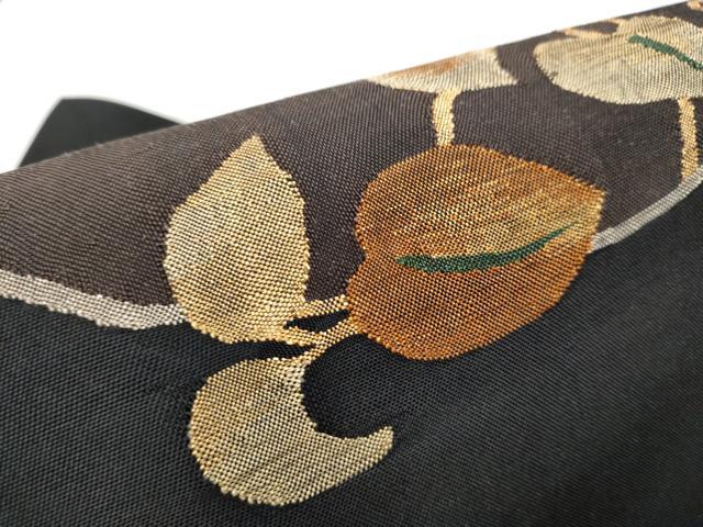 平和屋着物●九寸名古屋帯　すくい織　枝花文　黒地　金糸　正絹　逸品　CABD0680hy