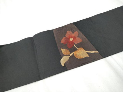 平和屋着物●九寸名古屋帯　すくい織　枝花文　黒地　金糸　正絹　逸品　CABD0680hy
