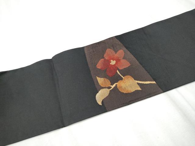 平和屋着物●九寸名古屋帯　すくい織　枝花文　黒地　金糸　正絹　逸品　CABD0680hy
