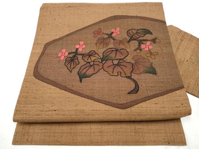 平和屋着物●九寸名古屋帯　刺繍　刺し子　枝花文　正絹　逸品　CABD0684hy