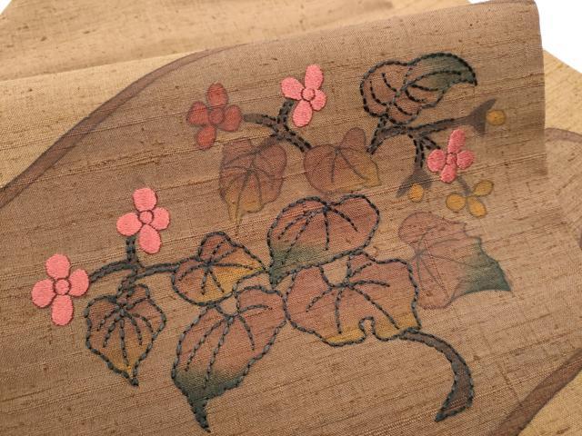 平和屋着物●九寸名古屋帯　刺繍　刺し子　枝花文　正絹　逸品　CABD0684hy