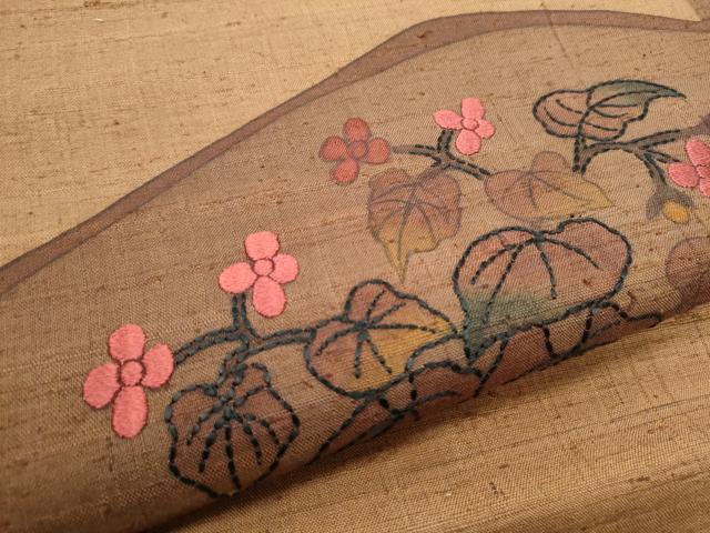 平和屋着物●九寸名古屋帯　刺繍　刺し子　枝花文　正絹　逸品　CABD0684hy