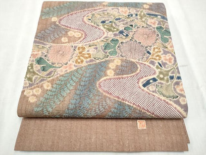 平和屋着物●九寸開き名古屋帯　作家物　紬地　絞り　辻が花　金通し地　正絹　逸品　CABD0685hy