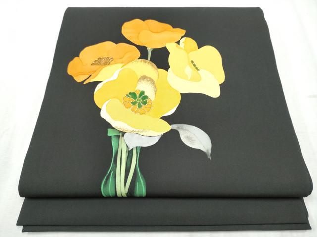 平和屋着物●塩瀬　九寸名古屋帯　駒刺繍　舞花文　黒地　金銀糸　正絹　逸品　CABD0686hy