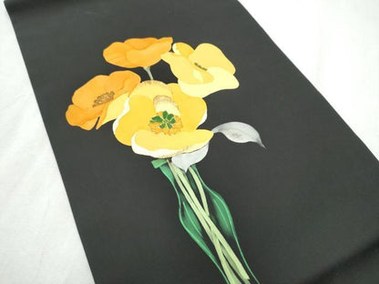 平和屋着物●塩瀬　九寸名古屋帯　駒刺繍　舞花文　黒地　金銀糸　正絹　逸品　CABD0686hy