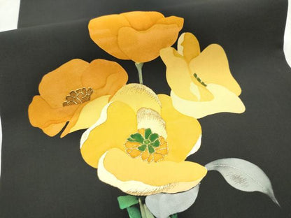 平和屋着物●塩瀬　九寸名古屋帯　駒刺繍　舞花文　黒地　金銀糸　正絹　逸品　CABD0686hy