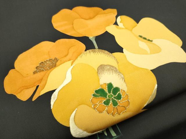 平和屋着物●塩瀬　九寸名古屋帯　駒刺繍　舞花文　黒地　金銀糸　正絹　逸品　CABD0686hy