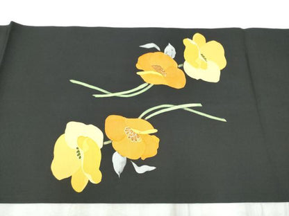 平和屋着物●塩瀬　九寸名古屋帯　駒刺繍　舞花文　黒地　金銀糸　正絹　逸品　CABD0686hy