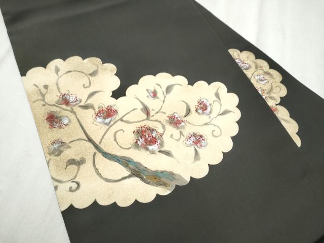 平和屋着物●塩瀬　九寸名古屋帯　手描き　花唐草文　黒地　金彩　正絹　逸品　CABD0687hy