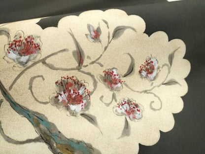 平和屋着物●塩瀬　九寸名古屋帯　手描き　花唐草文　黒地　金彩　正絹　逸品　CABD0687hy