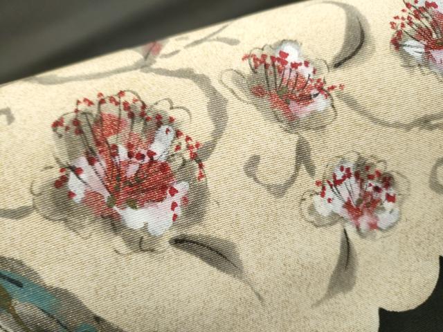 平和屋着物●塩瀬　九寸名古屋帯　手描き　花唐草文　黒地　金彩　正絹　逸品　CABD0687hy
