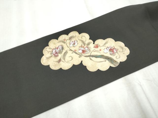 平和屋着物●塩瀬　九寸名古屋帯　手描き　花唐草文　黒地　金彩　正絹　逸品　CABD0687hy