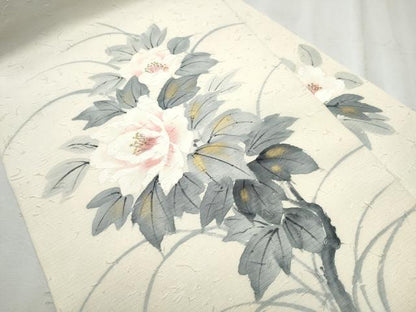 平和屋着物●九寸名古屋帯 作家物 手描き 髭紬 枝牡丹 金彩 正絹 逸品 CABD0702hy