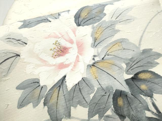 平和屋着物●九寸名古屋帯 作家物 手描き 髭紬 枝牡丹 金彩 正絹 逸品 CABD0702hy